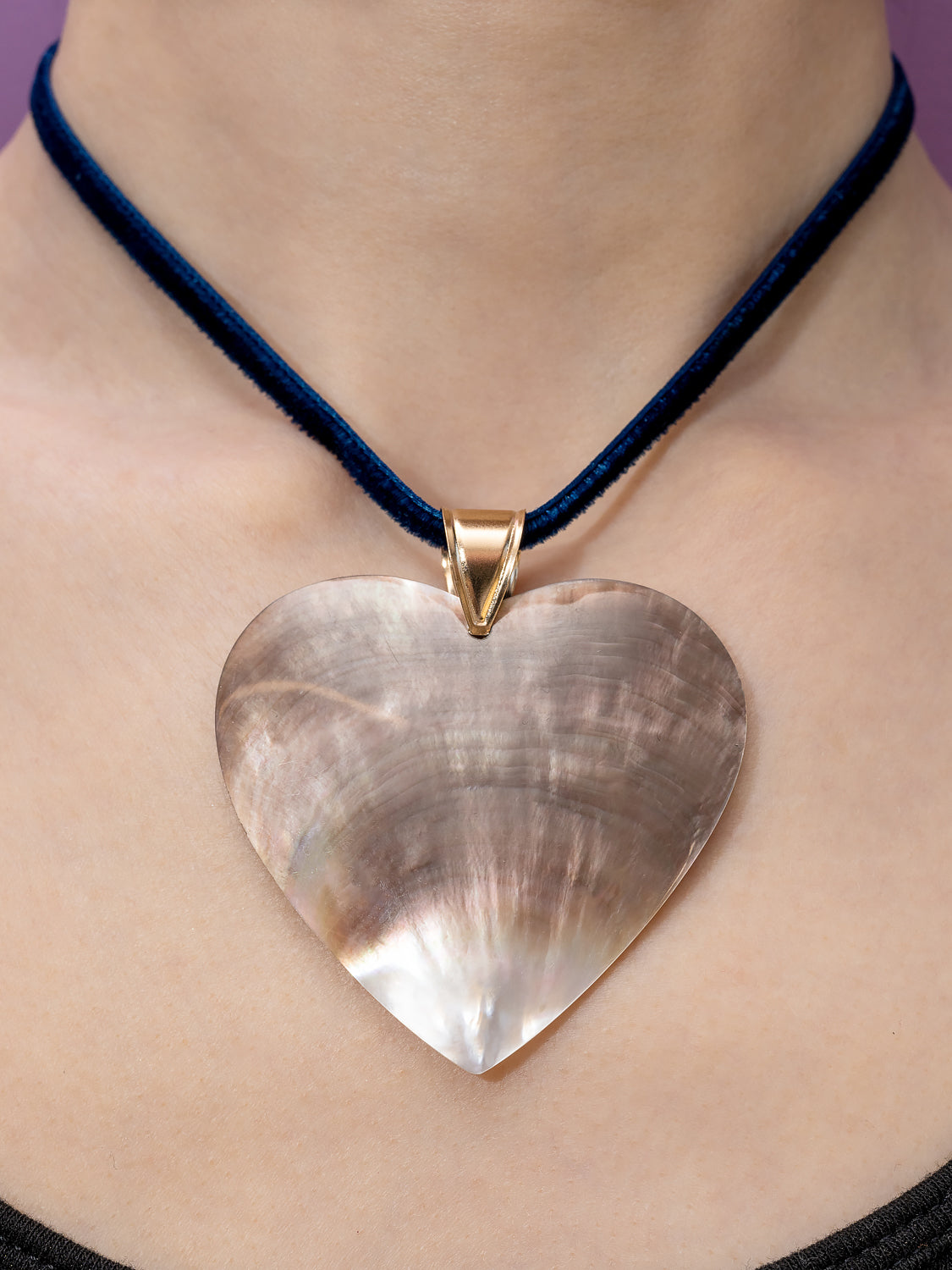 Pied a Terre Hand carved XXL mother of pearl heart pendant with chunky 14k bale