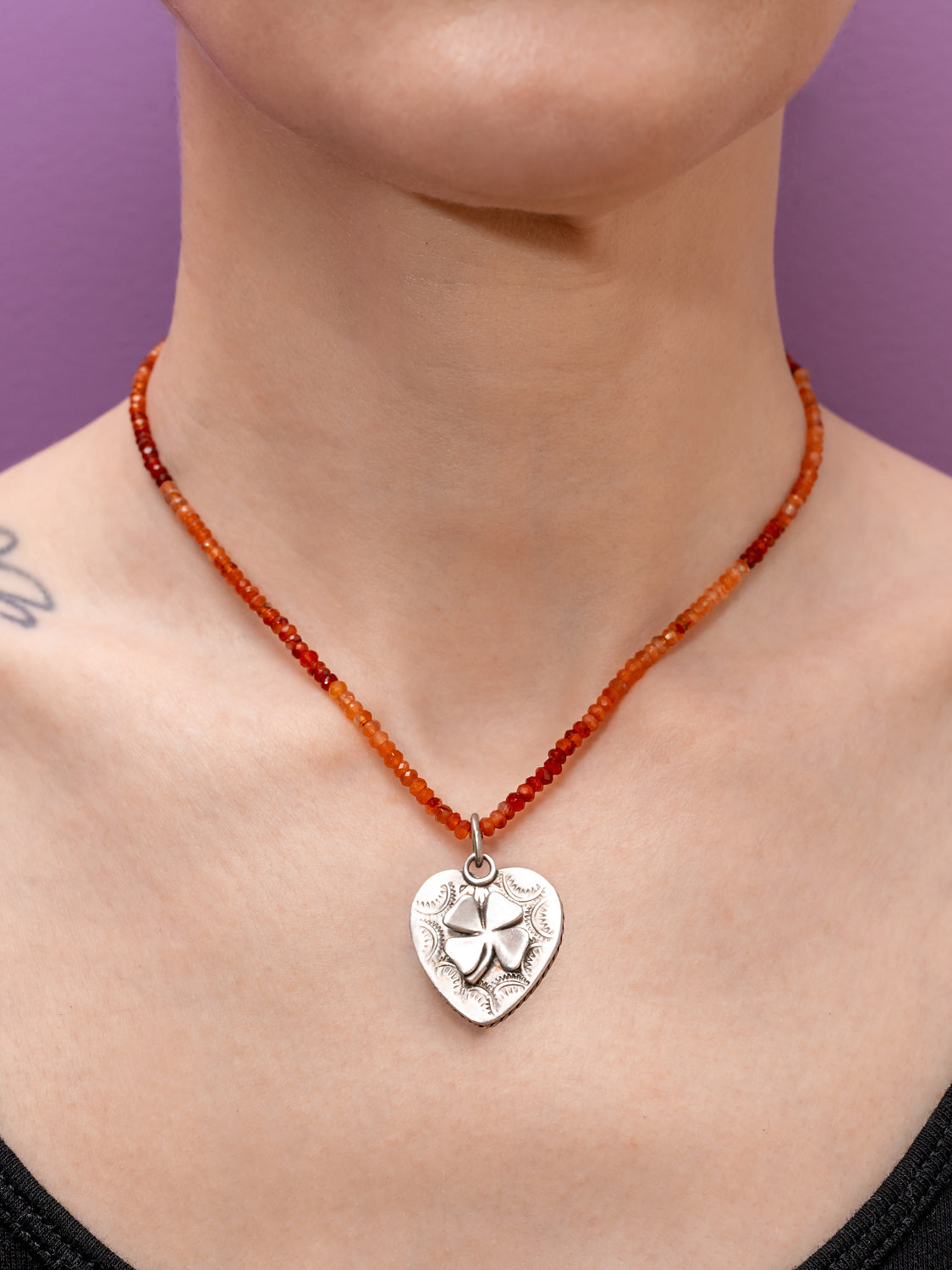 Pied a Terre Reversible Sterling Silver and Orange Carnelian Heart Pendant on 16” natural Carnelian strand