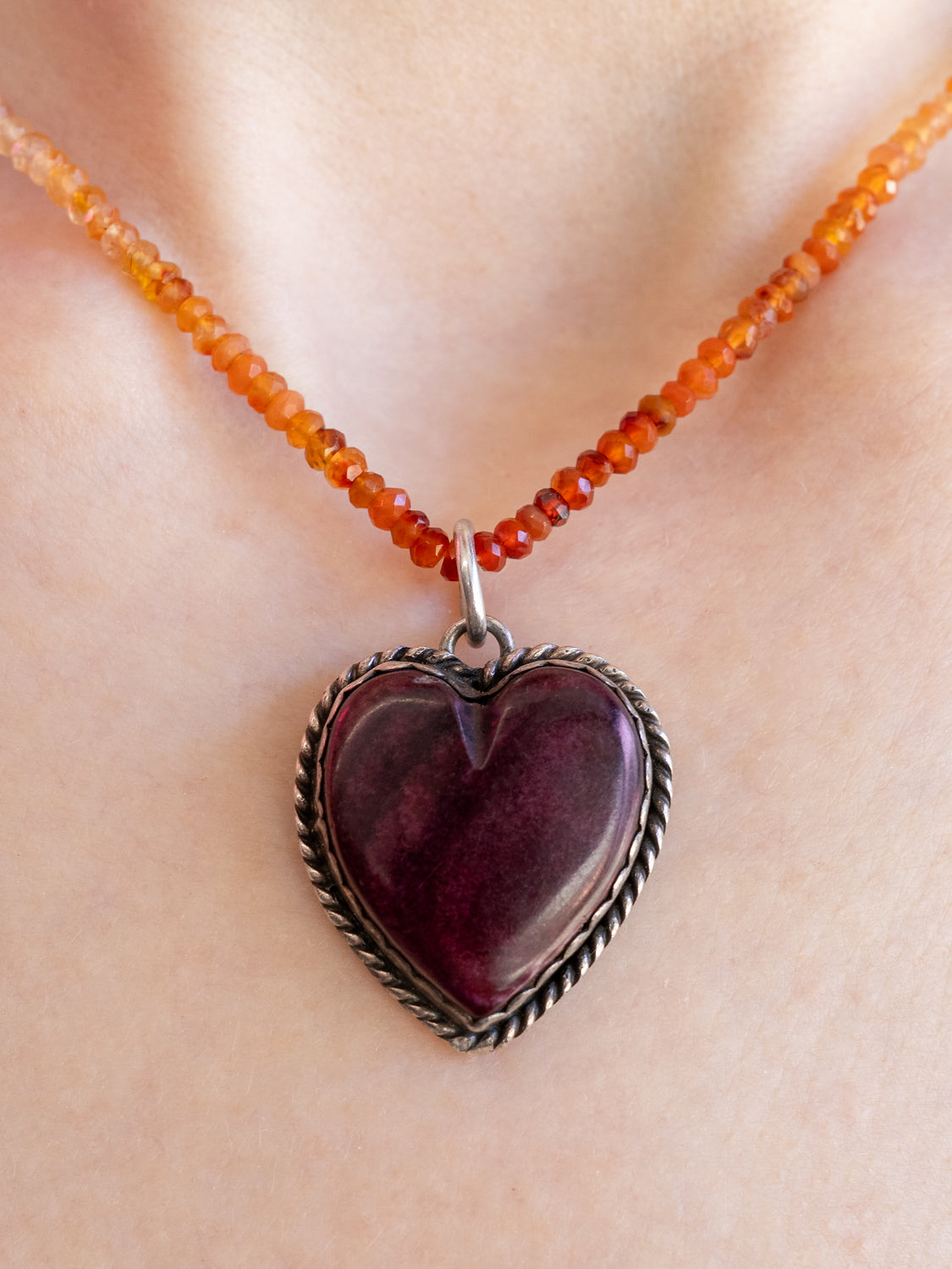 Pied a Terre Reversible Sterling Silver and Deep Red Carnelian Heart Pendant on 16” natural Carnelian Strand
