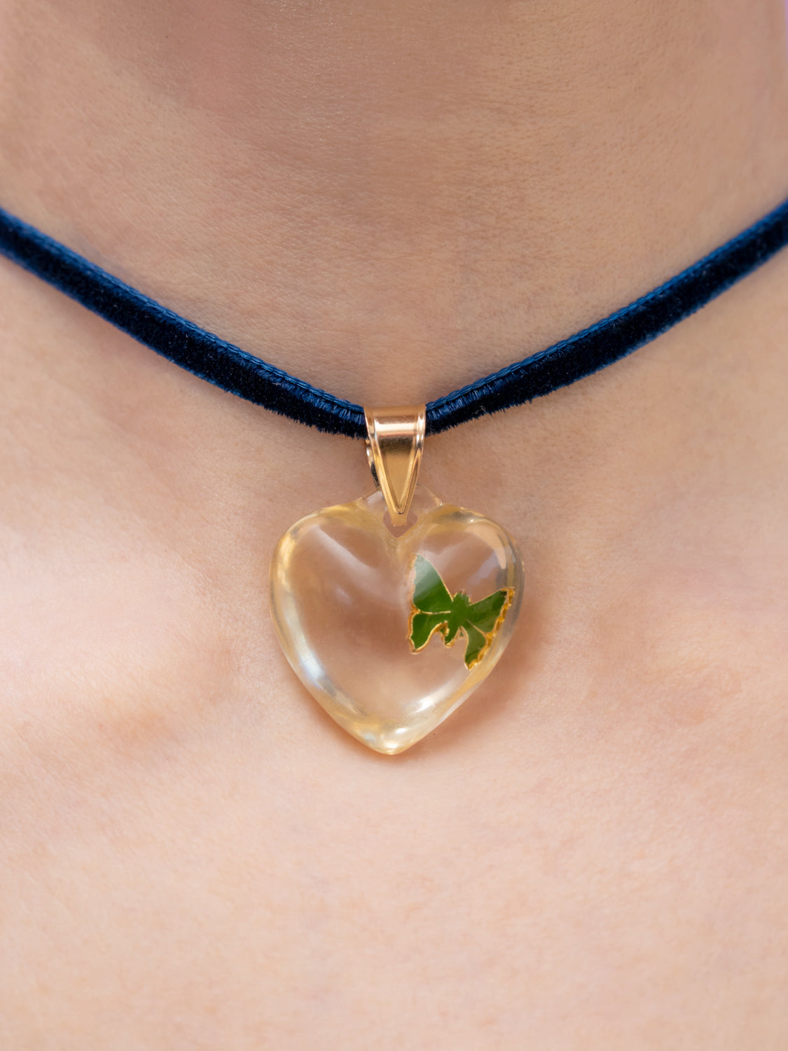 Pied a Terre 1960s vintage lucite puffy heart with embedded butterfly on chunky 14k bale