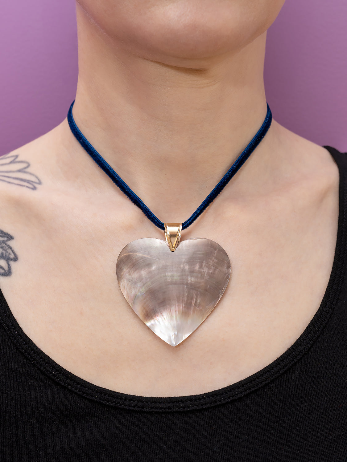 Pied a Terre Hand carved XXL mother of pearl heart pendant with chunky 14k bale