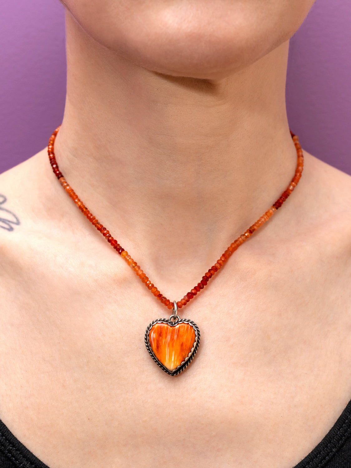 Pied a Terre Reversible Sterling Silver and Orange Carnelian Heart Pendant on 16” natural Carnelian strand