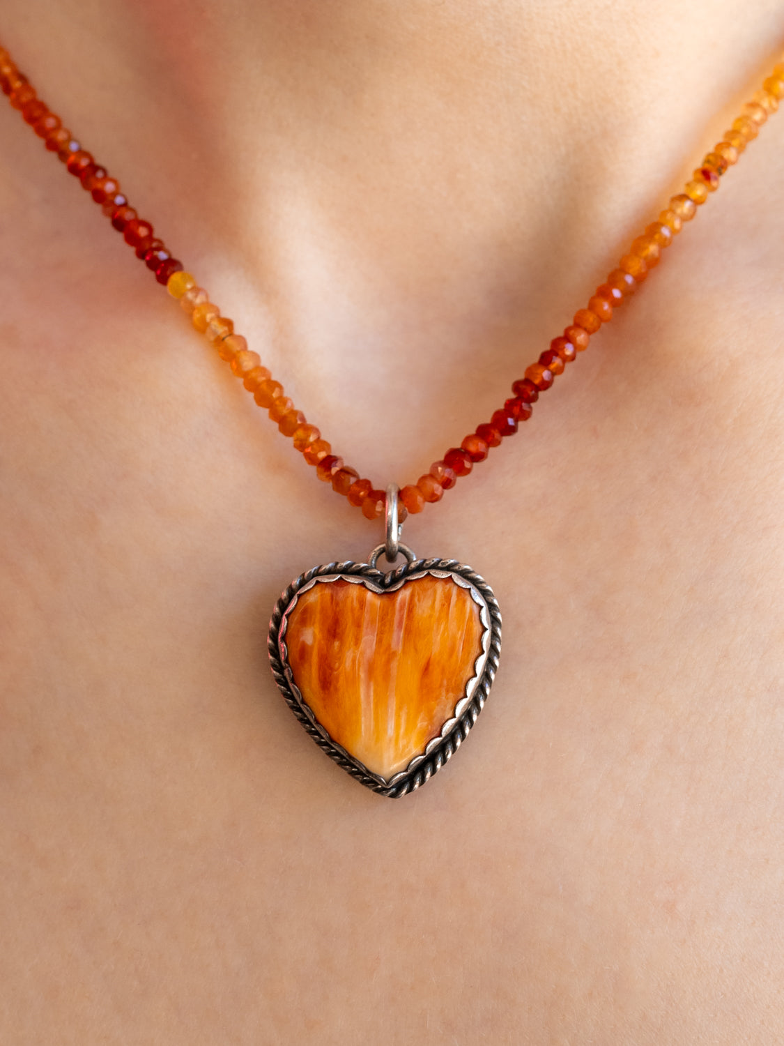 Pied a Terre Reversible Sterling Silver and Orange Carnelian Heart Pendant on 16” natural Carnelian strand