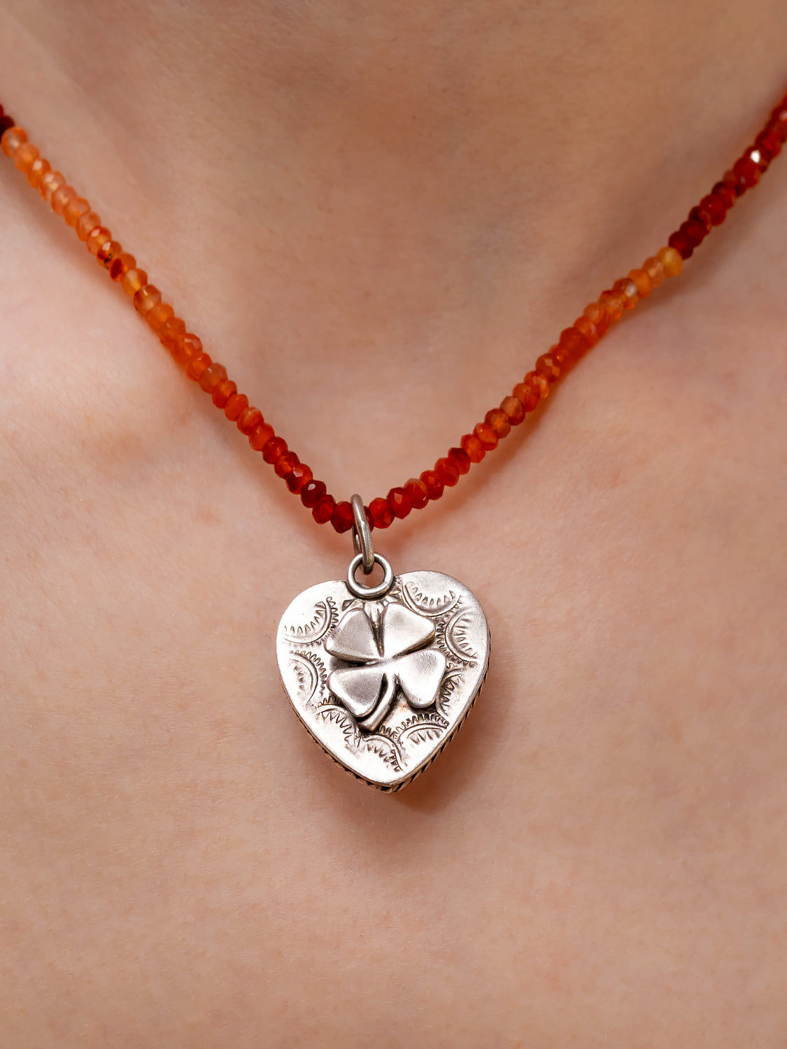 Pied a Terre Reversible Sterling Silver and Orange Carnelian Heart Pendant on 16” natural Carnelian strand