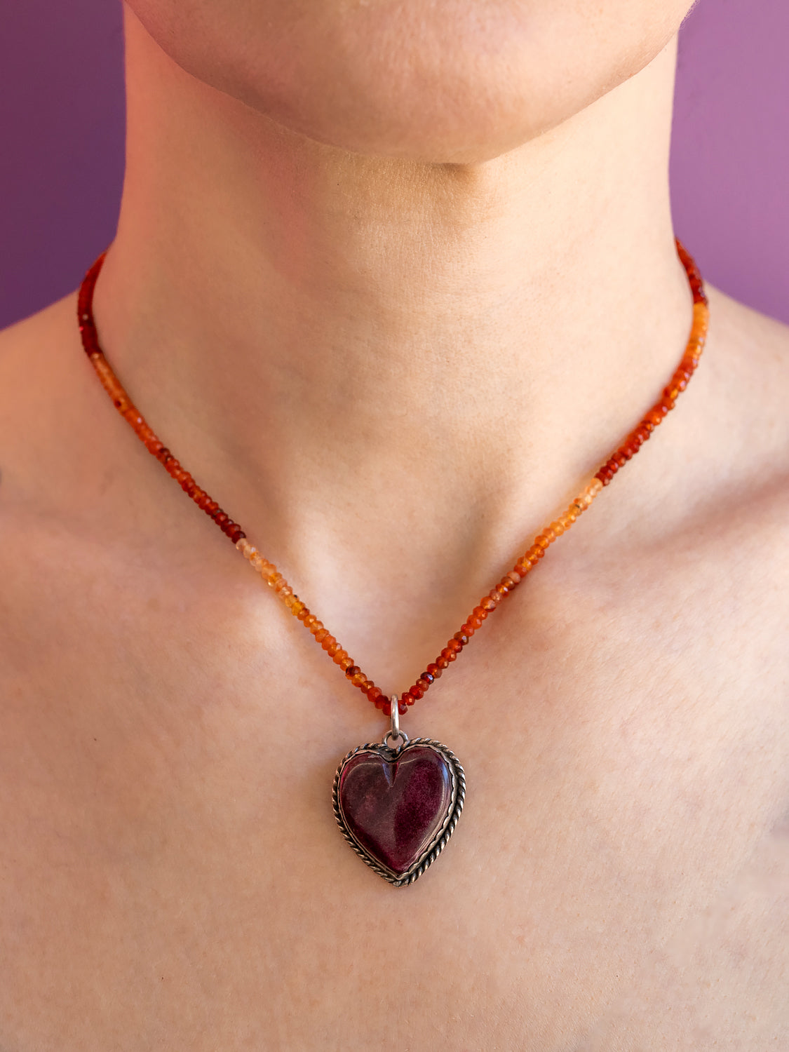 Pied a Terre Reversible Sterling Silver and Deep Red Carnelian Heart Pendant on 16” natural Carnelian Strand