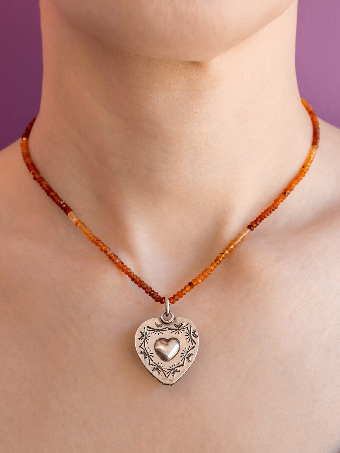 Pied a Terre Reversible Sterling Silver and Deep Red Carnelian Heart Pendant on 16” natural Carnelian Strand