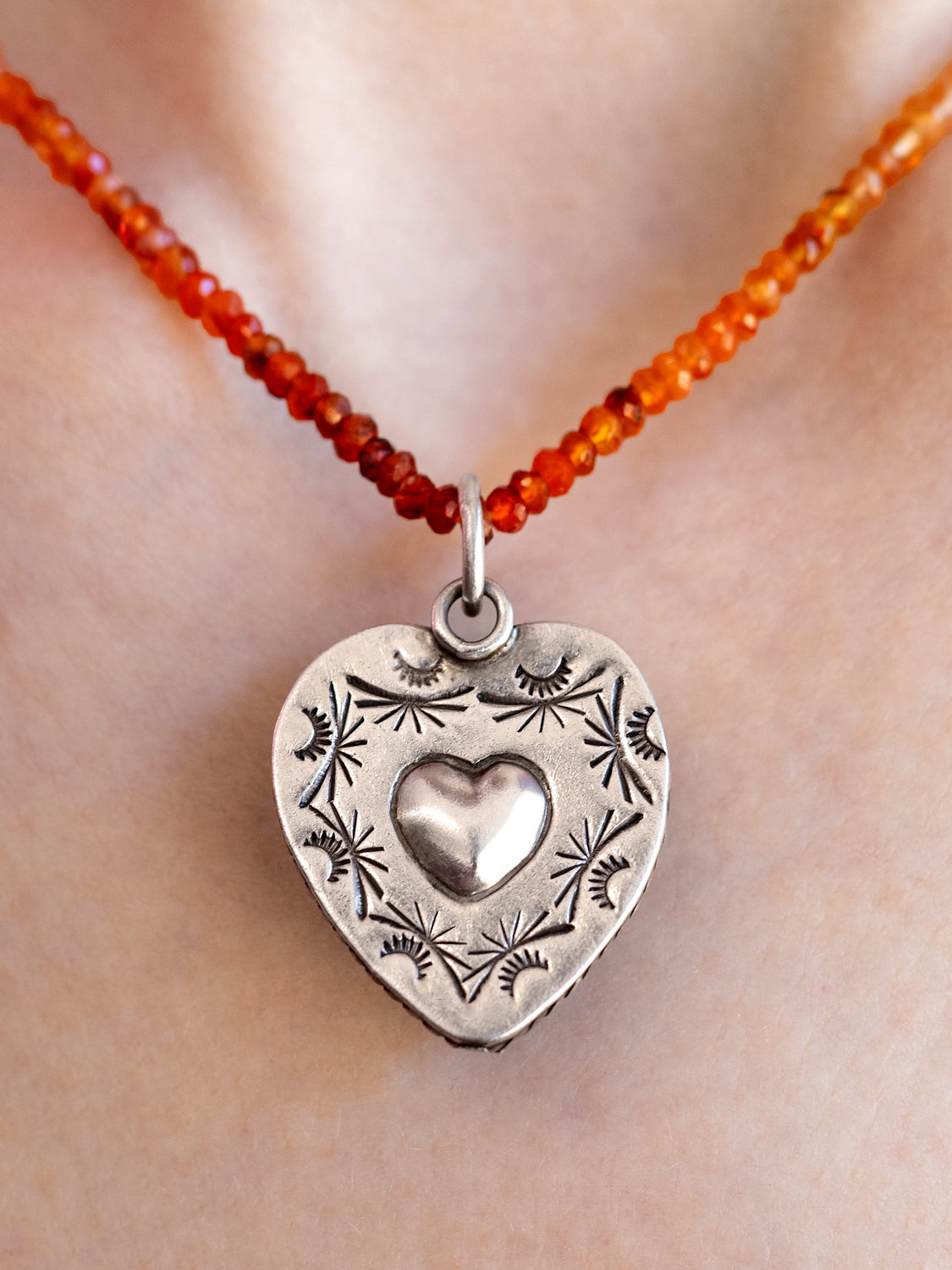 Pied a Terre Reversible Sterling Silver and Deep Red Carnelian Heart Pendant on 16” natural Carnelian Strand